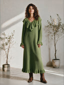 Women's Vintage Elegant Casual V-Neck Ruffled Long-Sleeve Loose Knit Maxi Dress ZMZ0991I4ZYY