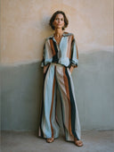 Women's Stylish Color-Block Striped Cotton Long-Sleeve V-Neck Top And Wide-Leg Pants Two-Piece Set ZMZ2372G4SWL