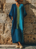 Women's Vacation Style Linen-Blend Color Block Caftan Maxi Dress With Pockets ZMZ2781D8YZH