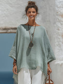 Women's Cotton Linen Round Neck Long-sleeved Asymmetrical Long-sleeved Shirt ZMZ0437F7XT
