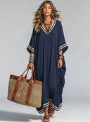Women's Vintage Casual Cotton-Knit Elbow-Length Sleeves V-Neck Loose Midi Dress ZMZ2158G4ZYY