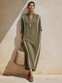 Women's Stylish Army Green Cotton Long-Sleeve Midi Dress ZMZ1910H2SWL