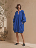 Women's Classic Casual Cotton-Linen V-Neck Lantern-Sleeve Loose Mini Dress ZMZ2099H0ZYY