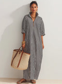 Women's Classic Vertical-stripe Zip-front Stand-collar Maxi Dress ZMZ0201G5SWL