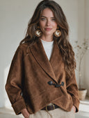 Women's French-style Vintage Faux Suede Jacket With A Lapel Collar And Diagonal Front Closure ZMZ0429I5ZYY