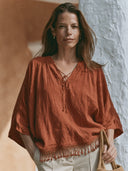 Women Cotton Blend Boho V Neck Tie Front Blouse Batwing 3/4 Sleeve Cropped Top Tassel Hem Casual Shirt ZMZ2321G1YZH