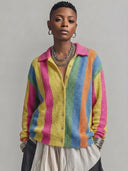 Women's Retro American-Style Casual Colorful Vertical-Stripe Collared Cardigan ZMZ0564H3ZYY