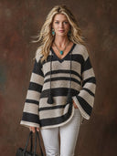 Women's Casual Bohemian V-Neck Flare-Sleeve Loose Sweater With Subtle Cut-Outs ZMZ1712H4ZYY