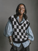 Women's Casual Color-Block Checkerboard Knit Crew-Neck Pullover Vest ZMZ0304H3ZJY