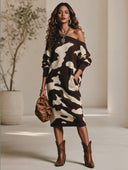 Women's Vintage Elegant Cow-Print One-Shoulder Long-Sleeve Knit Loose Midi Dress ZMZ2805H0ZYY