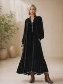 Women's Vintage Elegant Velvet V-Neck Lantern-Sleeve Loose Maxi Dress ZMZ2099H7ZYY