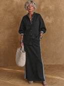 Women's Classic Casual Air-Layer Fabric Set: Stand-Collar Lantern-Sleeve Shirt And Elastic-Waist Skirt ZMZ1163H5ZYY