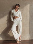 Women Ribbed Knit 2 Piece Outfit, Zip Up Collar Cropped Jacket + High Waist Wide Leg Pants Tracksuit Set ZMZ1232H3YZH