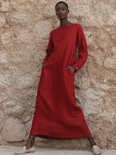 Women's Red Linen Long-Sleeve Boat Neck Maxi Dress ZMZ0406H7XT