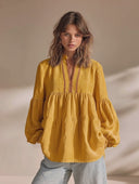 Women's Premium Minimalist Embroidered Details And Loose Lantern Sleeves Cotton-Linen V-Neck Shirt ZMZ2447G8ZYY
