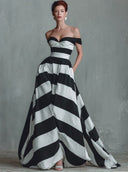Women's Classic Black And White Striped A-line Pocket Maxi Dress ZMZ2497D5XT