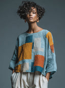 Women's Solid Color Cotton Linen Loose Geometric Print Crew Neck T-Shirt ZMZ0265G5XT