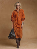 Women's American Retro Casual Stand Collar, Zipper, And Long Sleeves Faux Suede Midi Dress ZMZ1180H1ZYY