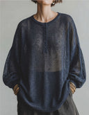 Women's Vintage Casual Lightweight Henley Neck And Lantern Sleeves Loose-Fit Sweater ZMZ2925G4ZYY
