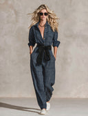 Women's Vintage Casual Plaid Long-Sleeve Tie-Waist Jumpsuit ZMZ2186H5XT