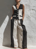 Women's Monochrome Patchwork Linen V-Neck Vest & Wide-Leg Pants Co-ord Set ZMZ2074E1YZH