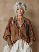 Women's Retro-Style Casual V-Neck Faux Suede Lantern Sleeves Loose Shirt ZMZ0402H0ZYY