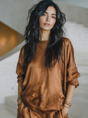 Women's Retro Casual Satin Round Neck Long Sleeve Shirt ZMZ0171G4ZJY