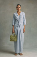 Women's Solid-Color Cotton-Linen V-Neck Twist-Front Maxi Dress ZMZ1058H2XT
