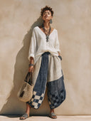 Women's Fashionable Crinkled Ice Silk V-Neck Long-Sleeve Top And Printed Cropped Wide-Leg Pants Set ZMZ0496H9SWL