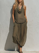 Women's Bohemian Knit Cowl Neck Sheer Tank Top & Crinkled Chiffon Harem Pants Co-ord Set ZMZ2133E8YZH