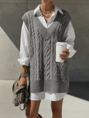 Women's Retro Casual Cotton Yarn Knit Round Neck Sleeveless Mini Dress And Long Sleeve Shirt Two-Piece Set ZMZ1169H3ZJY