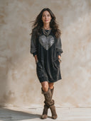 Women's Retro Casual Washed Cotton Heart Sequin Sweatshirt Pullover Long Sleeve Mini Dress ZMZ2730H1ZJY