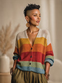 Women's Classic Casual Horizontal Stripes And Color-Block Paneling V-Neck Single-Breasted Knit Cardigan ZMZ1464H0ZYY