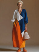 Women's French-style Elegant V-neck, Lantern Sleeves, And A Multi-color Patchwork Design Cotton-linen Loose Maxi Dress ZMZ2789G7ZYY