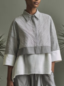 Women Stripe Patchwork Shirt Collared 3/4 Sleeve Color Block Irregular Hem Loose Casual Blouse ZMZ2911G4YZH