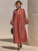 Women's French-style Elegant Vertical-striped Cotton-linen V-neck Flared-sleeve Loose Maxi Dress ZMZ2704G8ZYY