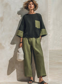 Women's Classic Vintage Cotton-Linen Patchwork Set: Long-Sleeve Crew-Neck Top And Wide-Leg Pants ZMZ0326G1ZYY
