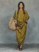 Women's Vintage Cotton-Linen Round-Neck Short-Sleeve Maxi Dress ZMZ0279E8XT