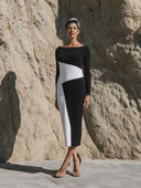 Women Color Block Midi Dress Boat Neck Long Sleeve Bodycon Elegant Formal Dress ZMZ3146G3YZH