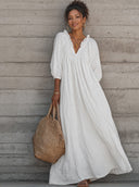 Women's Breezy Cotton-linen Maxi Dress With Lettuce-edge V-neck—perfect For Vacation ZMZ0340G0SWL