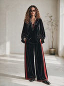 Women's Vintage-Style Elegant Casual Velvet Set: V-Neck Lantern-Sleeve Top And Elastic-Waist Wide-Leg Pants ZMZ0319I2ZYY