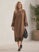 Women's Classic Retro Casual Leopard Print Panel And Crew Neck Loose-Fit Knit Midi Dress ZMZ2484H3ZYY