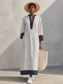 Women's Classic Cotton V-Neck Color-Block Striped Maxi Dress ZMZ2915G8SWL