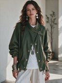 Women's American Retro Casual Twill Cotton Jacket With Stand Collar And Single-Breasted Closure ZMZ0460I3ZYY