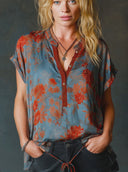 Women's Retro Casual Satin Floral Print Henley Collar Short-Sleeve Shirt ZMZ1299F0ZJY