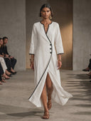 Women's French-style Elegant Color-block V-neck Cotton-linen Maxi Dress ZMZ1867H6XT