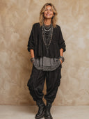 Women's Retro Casual Cotton Linen Faux Two-Piece Long-Sleeved Top And Pocket Pants Set ZMZ0665H7ZJY