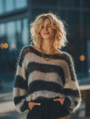 Women's Retro Casual Mohair Crew Neck Loose Striped Pullover Sweater ZMZ1117H9ZJY