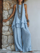 Women's Casual Solid Color Cotton Linen Vest And Trousers Two-Piece Set ZMZ1297E2XT