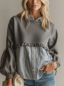 Women's Retro Casual Cotton Striped Crew Neck Faux Two-Piece Long-Sleeved Sweatshirt ZMZ1046H4ZJY